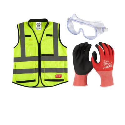 Green Safety Vest Combo including Clear Goggles and Red Gloves Set